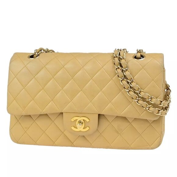 CHANEL CC Matelasse 25 Double Flap Chain Shoulder Bag Leather Beige GHW 310RK685 - Picture 1 of 15